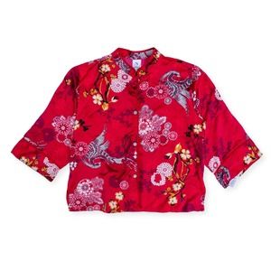 Natori Size S Kimono Sleeve Top Red Floral Print